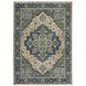 HomeRoots 2' Blue and Beige Oriental Power Loom Runner Rug - Elegant Design with Fringe for Home Décor 8' X 11' 508050