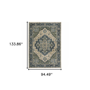 HomeRoots 2' Blue and Beige Oriental Power Loom Runner Rug - Elegant Design with Fringe for Home Décor 8' X 11' 508050