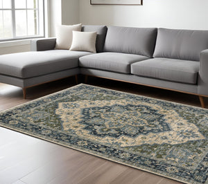 HomeRoots 2' Blue and Beige Oriental Power Loom Runner Rug - Elegant Design with Fringe for Home Décor 8' X 11' 508050