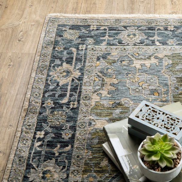 HomeRoots 2' Blue and Beige Oriental Power Loom Runner Rug - Elegant Design with Fringe for Home Décor 8' X 11' 508050