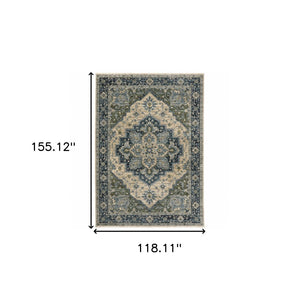 HomeRoots 2' Blue and Beige Oriental Power Loom Runner Rug - Elegant Design with Fringe for Home Décor 10' X 13' 508051