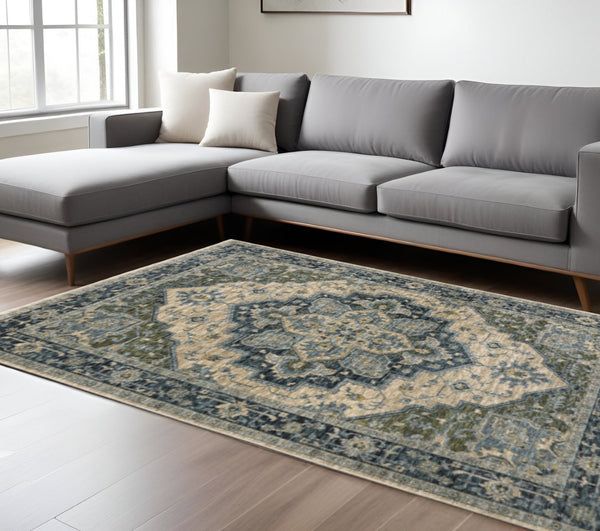 HomeRoots 2' Blue and Beige Oriental Power Loom Runner Rug - Elegant Design with Fringe for Home Décor 10' X 13' 508051