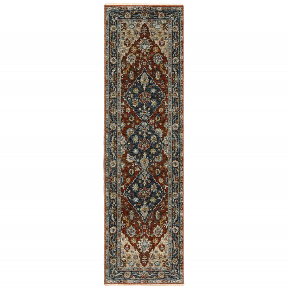 Homeroots 2' X 8' Blue Beige Tan Brown Gold And Rust Red Oriental Power Loom Stain Resistant Runner Rug With Fringe  Polyester 508052