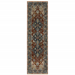 Homeroots 2' X 8' Blue Beige Tan Brown Gold And Rust Red Oriental Power Loom Stain Resistant Runner Rug With Fringe  Polyester 508052