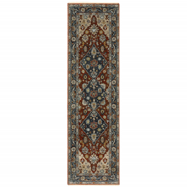 Homeroots 2' X 8' Blue Beige Tan Brown Gold And Rust Red Oriental Power Loom Stain Resistant Runner Rug With Fringe  Polyester 508052