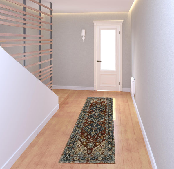 Homeroots 2' X 8' Blue Beige Tan Brown Gold And Rust Red Oriental Power Loom Stain Resistant Runner Rug With Fringe  Polyester 508052