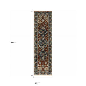 HomeRoots 2' Elegant Blue Beige Tan Brown Gold Red Oriental Runner Rug - Stain Resistant with Fringed Ends 2'3" x 7'6" 508052