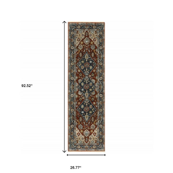 HomeRoots 2' Elegant Blue Beige Tan Brown Gold Red Oriental Runner Rug - Stain Resistant with Fringed Ends 2'3" x 7'6" 508052