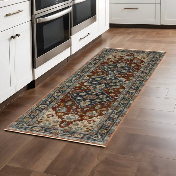 HomeRoots 2' Elegant Blue Beige Tan Brown Gold Red Oriental Runner Rug - Stain Resistant with Fringed Ends 2'3" x 7'6" 508052