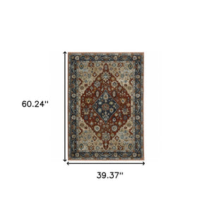 HomeRoots 2' Elegant Blue Beige Tan Brown Gold Red Oriental Runner Rug - Stain Resistant with Fringed Ends 3' x 5' 508054