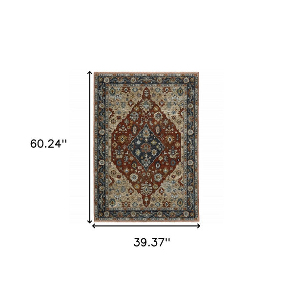 HomeRoots 2' Elegant Blue Beige Tan Brown Gold Red Oriental Runner Rug - Stain Resistant with Fringed Ends 3' x 5' 508054