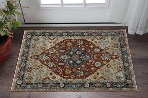 HomeRoots 2' Elegant Blue Beige Tan Brown Gold Red Oriental Runner Rug - Stain Resistant with Fringed Ends 3' x 5' 508054
