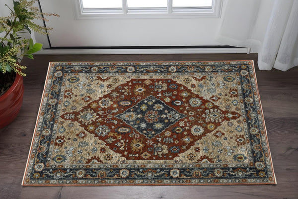 HomeRoots 2' Elegant Blue Beige Tan Brown Gold Red Oriental Runner Rug - Stain Resistant with Fringed Ends 3' x 5' 508054