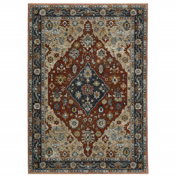 Homeroots 5' X 8' Blue Beige Tan Brown Gold And Rust Red Oriental Power Loom Stain Resistant Area Rug With Fringe  Polyester 508055
