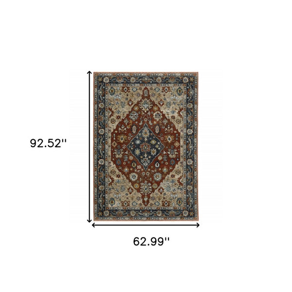 HomeRoots 2' Elegant Blue Beige Tan Brown Gold Red Oriental Runner Rug - Stain Resistant with Fringed Ends 5' X 8' 508055