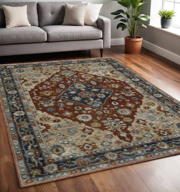 HomeRoots 2' Elegant Blue Beige Tan Brown Gold Red Oriental Runner Rug - Stain Resistant with Fringed Ends 5' X 8' 508055