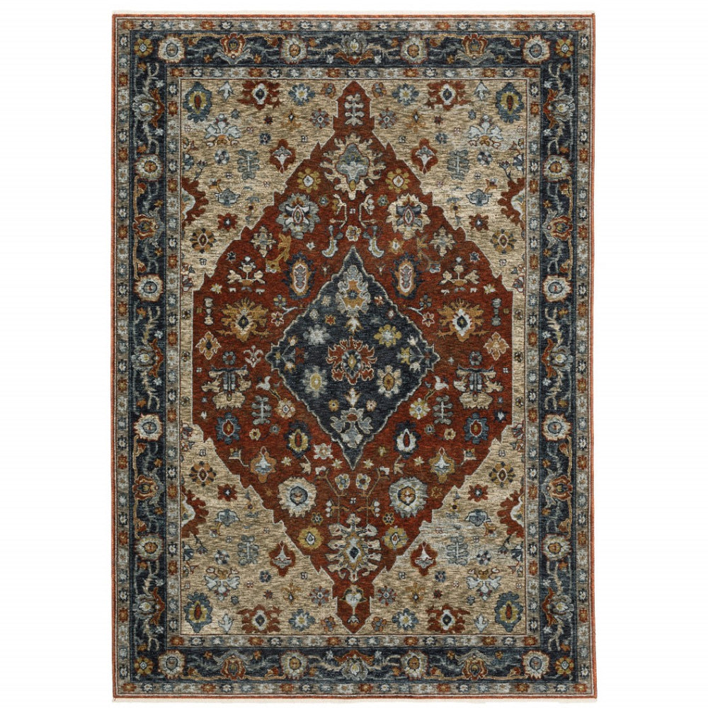 HomeRoots 2' Elegant Blue Beige Tan Brown Gold Red Oriental Runner Rug - Stain Resistant with Fringed Ends 10' X 13' 508058