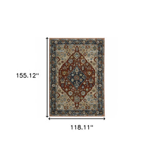 HomeRoots 2' Elegant Blue Beige Tan Brown Gold Red Oriental Runner Rug - Stain Resistant with Fringed Ends 10' X 13' 508058
