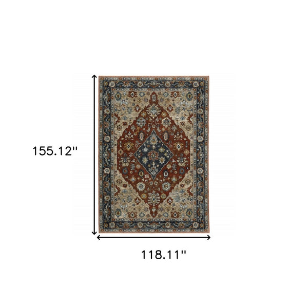 HomeRoots 2' Elegant Blue Beige Tan Brown Gold Red Oriental Runner Rug - Stain Resistant with Fringed Ends 10' X 13' 508058