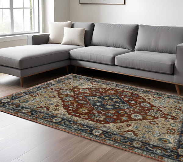 HomeRoots 2' Elegant Blue Beige Tan Brown Gold Red Oriental Runner Rug - Stain Resistant with Fringed Ends 10' X 13' 508058