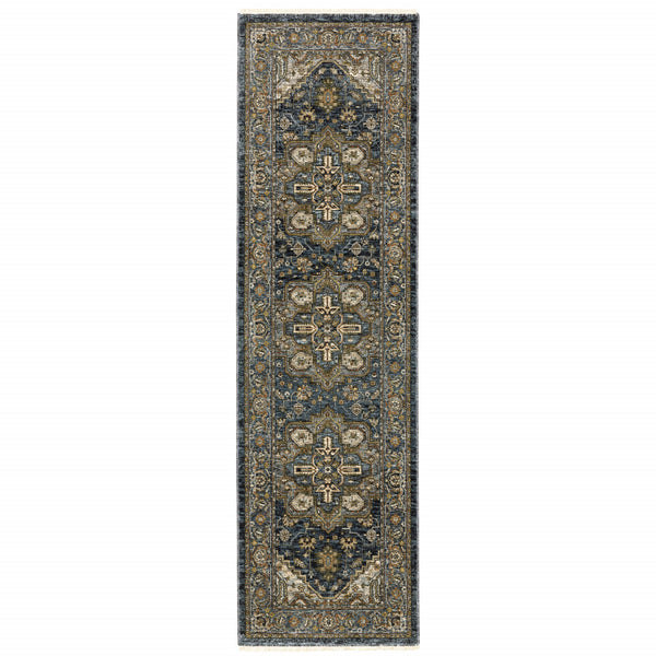Homeroots 8' Blue And Green Oriental Power Loom Runner Rug Blue,Taupe Polyester 508059