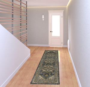 Homeroots 8' Blue And Green Oriental Power Loom Runner Rug Blue,Taupe Polyester 508059