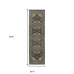 HomeRoots 8' Blue and Green Oriental Power Loom Runner Rug - Durable, Stylish, and Ideal for High-Traffic Areas Blue/ Taupe 2'3" x 7'6" 508059