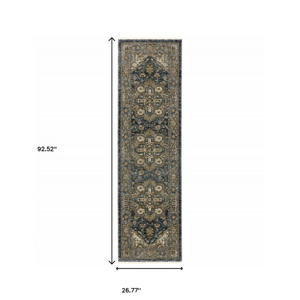 HomeRoots 8' Blue and Green Oriental Power Loom Runner Rug - Durable, Stylish, and Ideal for High-Traffic Areas Blue/ Taupe 2'3" x 7'6" 508059