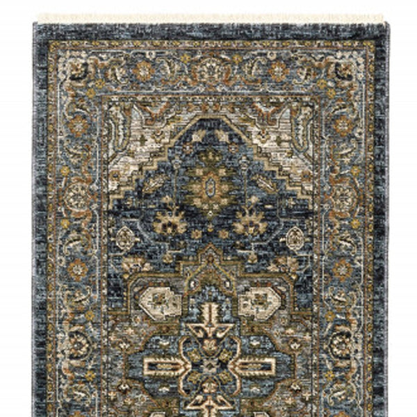 Homeroots 8' Blue And Green Oriental Power Loom Runner Rug Blue,Taupe Polyester 508059