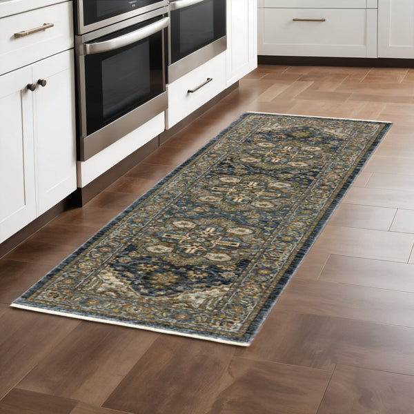 HomeRoots 8' Blue and Green Oriental Power Loom Runner Rug - Durable, Stylish, and Ideal for High-Traffic Areas Blue/ Taupe 2'3" x 7'6" 508059