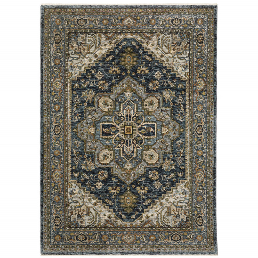 Homeroots 3' X 5' Blue And Green Oriental Power Loom Area Rug With Fringe Blue,Taupe Polyester 508061