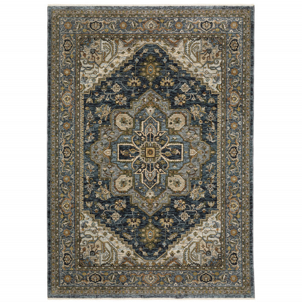 Homeroots 3' X 5' Blue And Green Oriental Power Loom Area Rug With Fringe Blue,Taupe Polyester 508061
