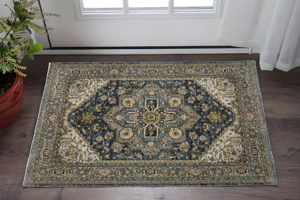 HomeRoots 8' Blue and Green Oriental Power Loom Runner Rug - Durable, Stylish, and Ideal for High-Traffic Areas 3' x 5' 508061