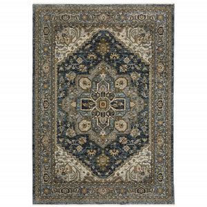 Homeroots 7' X 10' Blue And Green Oriental Power Loom Area Rug With Fringe Blue,Taupe Polyester 508063