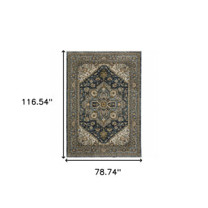 Homeroots 7' X 10' Blue And Green Oriental Power Loom Area Rug With Fringe Blue,Taupe Polyester 508063