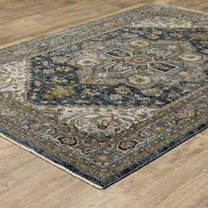 Homeroots 7' X 10' Blue And Green Oriental Power Loom Area Rug With Fringe Blue,Taupe Polyester 508063