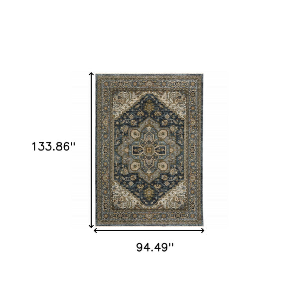 Homeroots 8' X 11' Blue And Green Oriental Power Loom Area Rug With Fringe Blue,Taupe Polyester 508064