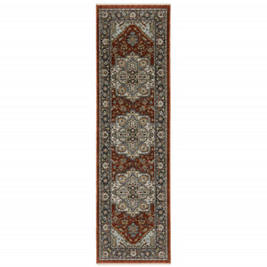 Homeroots 2' X 8' Blue Beige Grey Gold Green And Rust Red Oriental Power Loom Stain Resistant Runner Rug With Fringe Red,Blue Polyester 508066