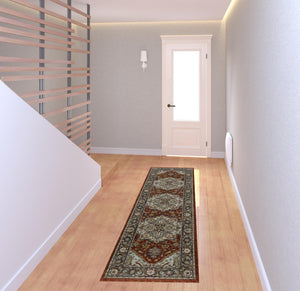 Homeroots 2' X 8' Blue Beige Grey Gold Green And Rust Red Oriental Power Loom Stain Resistant Runner Rug With Fringe Red,Blue Polyester 508066