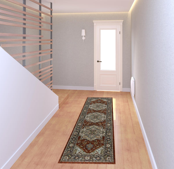 Homeroots 2' X 8' Blue Beige Grey Gold Green And Rust Red Oriental Power Loom Stain Resistant Runner Rug With Fringe Red,Blue Polyester 508066