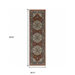 Homeroots 2' X 8' Blue Beige Grey Gold Green And Rust Red Oriental Power Loom Stain Resistant Runner Rug With Fringe Red,Blue Polyester 508066