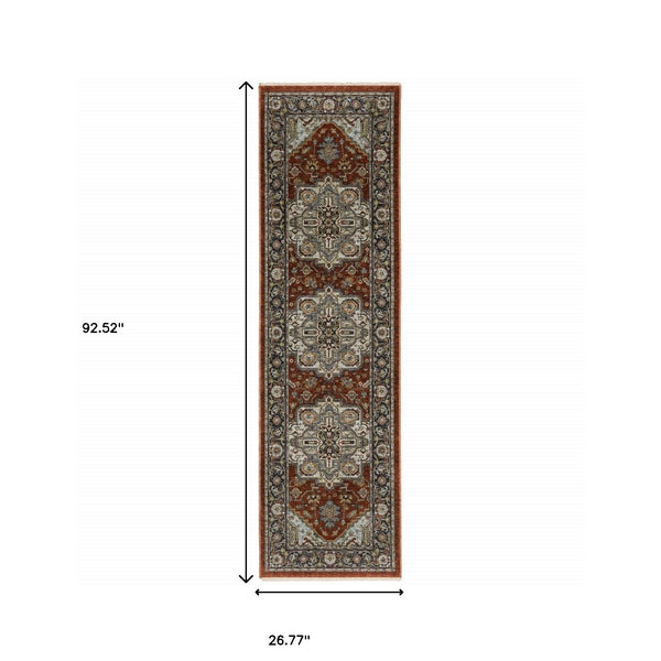 Homeroots 2' X 8' Blue Beige Grey Gold Green And Rust Red Oriental Power Loom Stain Resistant Runner Rug With Fringe Red,Blue Polyester 508066