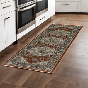 HomeRoots 8' Blue and Green Oriental Power Loom Runner Rug - Durable, Stylish, and Ideal for High-Traffic Areas Red/ Blue 2'3" x 7'6" 508066