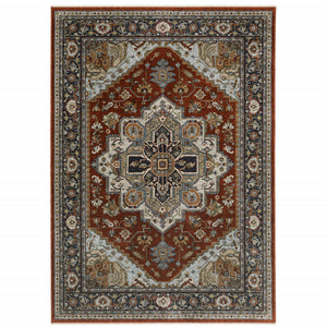 Homeroots 3' X 5' Blue Beige Grey Gold Green And Rust Red Oriental Power Loom Stain Resistant Area Rug With Fringe Red,Blue Polyester 508068