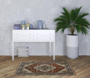 Homeroots 3' X 5' Blue Beige Grey Gold Green And Rust Red Oriental Power Loom Stain Resistant Area Rug With Fringe Red,Blue Polyester 508068