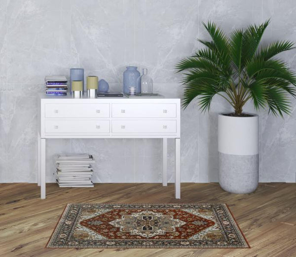 Homeroots 3' X 5' Blue Beige Grey Gold Green And Rust Red Oriental Power Loom Stain Resistant Area Rug With Fringe Red,Blue Polyester 508068