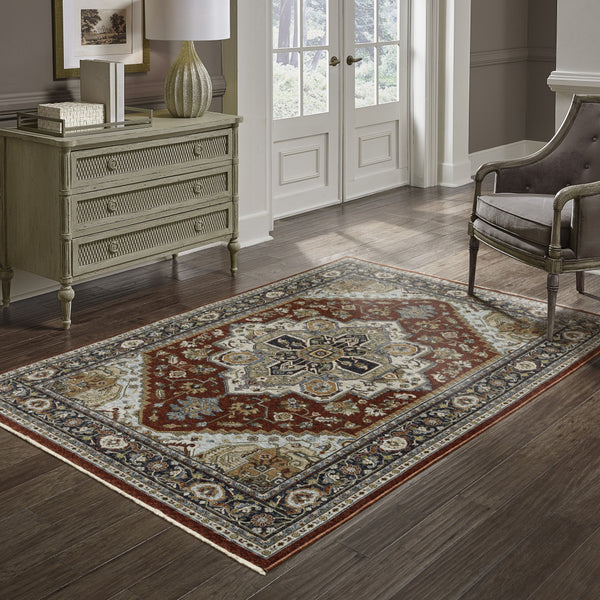 Homeroots 3' X 5' Blue Beige Grey Gold Green And Rust Red Oriental Power Loom Stain Resistant Area Rug With Fringe Red,Blue Polyester 508068
