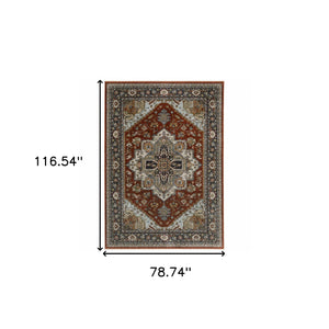 Homeroots 7' X 10' Blue And Beige Oriental Power Loom Area Rug With Fringe Red,Blue Polyester 508070