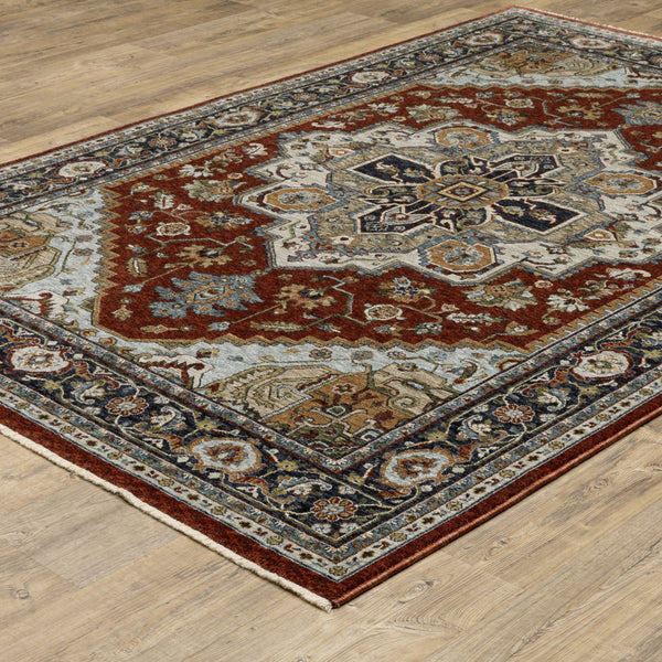 Homeroots 8' X 11' Blue And Beige Oriental Power Loom Area Rug With Fringe Red,Blue Polyester 508071
