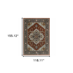 Homeroots 10' X 13' Blue And Beige Oriental Power Loom Area Rug With Fringe Red,Blue Polyester 508072